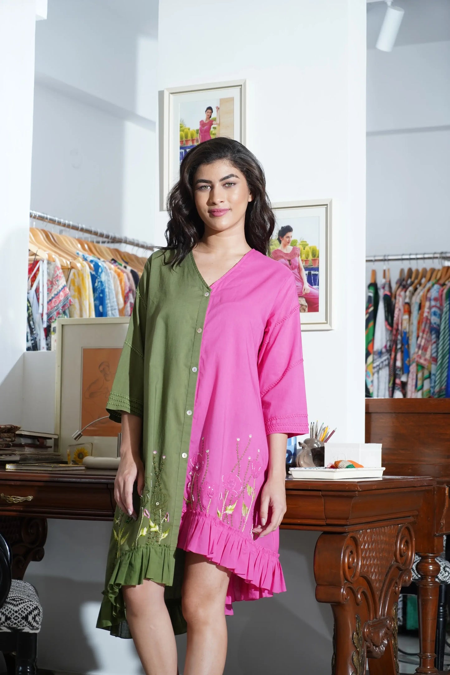 Milos Dress - Green & Fuchia