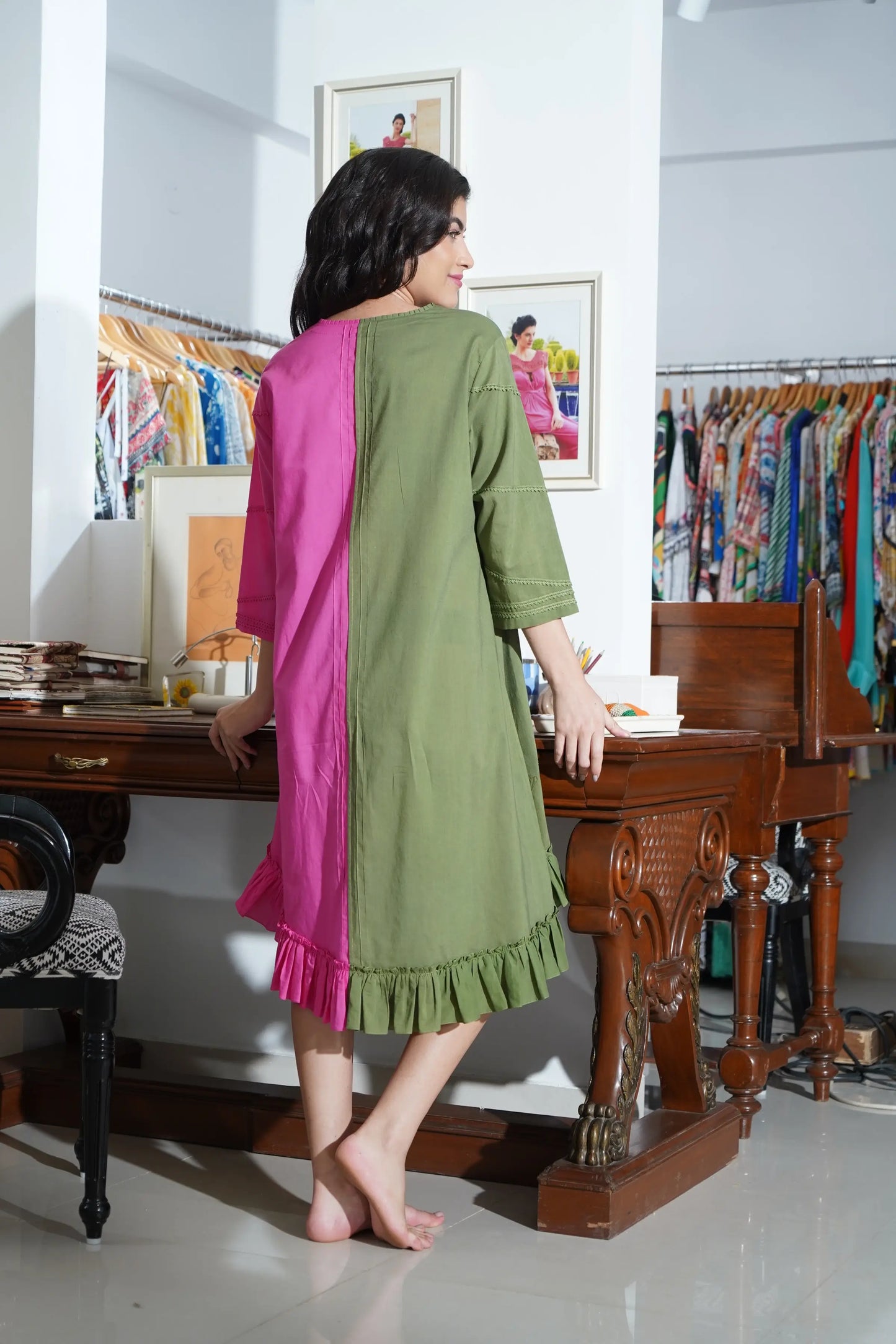 Milos Dress - Green & Fuchia